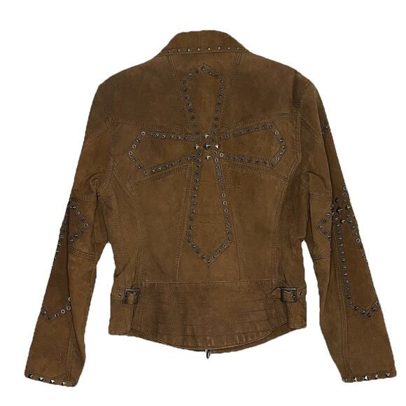 Vintage Cripple Creek Studded Suede Leather Jacket Cross Design Brown Size Small - Picture 2 of 9